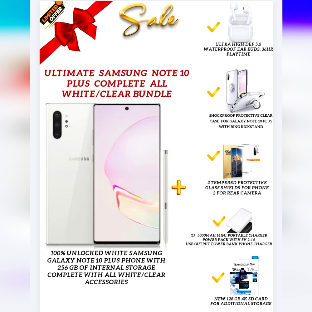 Ultimate 12 piece unlocked Aura white Note 10 plus cell phone bundle kit